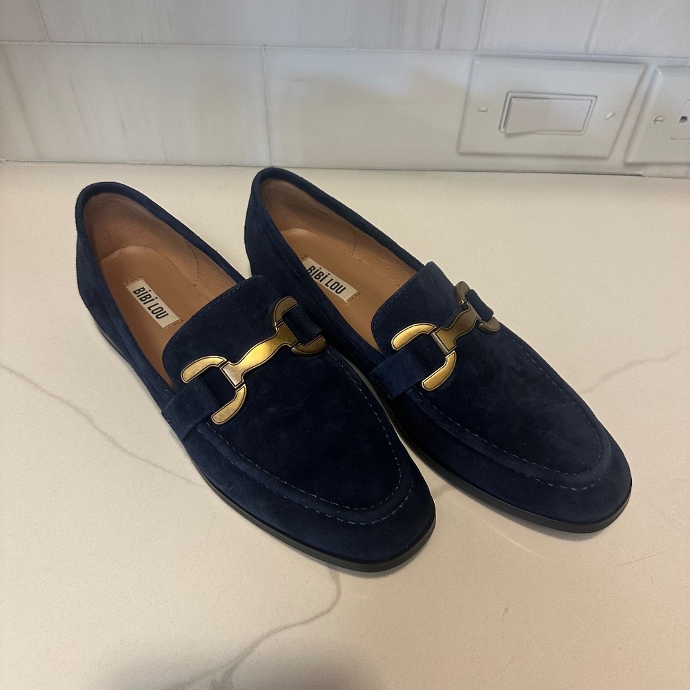 Bibi Lou Vela Navy Suede Loafers with Gold Accents-Size 41
